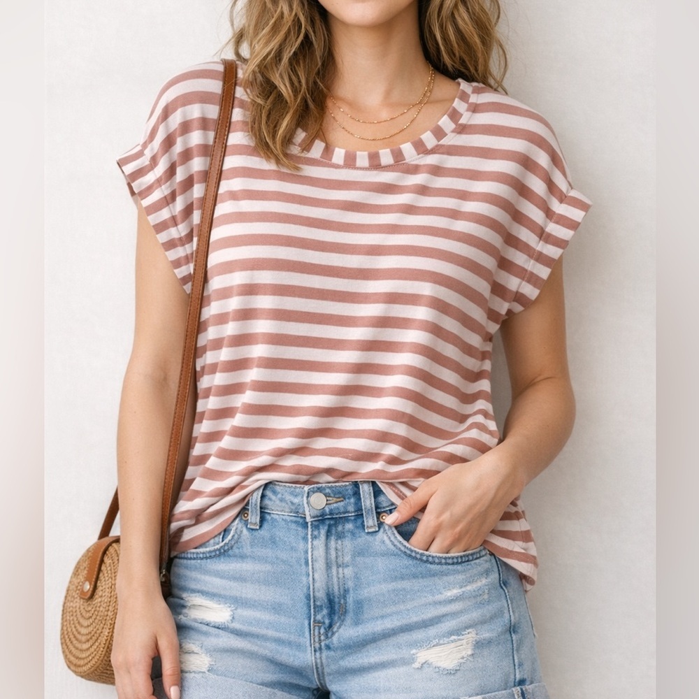 Jane + Delancey Blush Pink Striped Dolman Sleeve Top Casual Boho Scoop Neck Tee - Picture 1 of 8